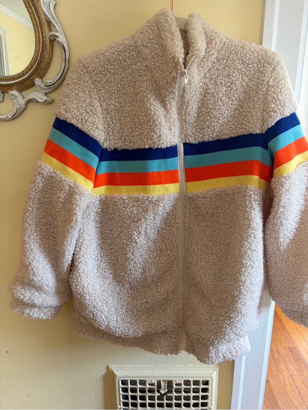 SHEIN Cream Sherpa Jacket with Rainbow Stripe